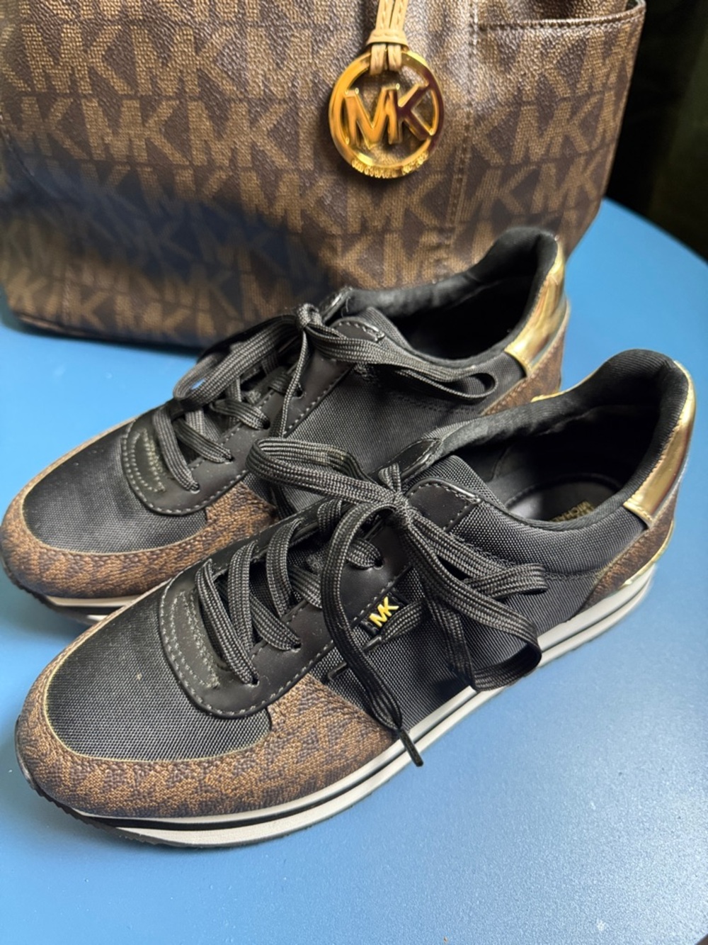 Michael Kors Black and Brown MK Logo Runner Sneakers with Gold Accents